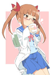 Rule 34 | 1girl, absurdres, blue sailor collar, blue shirt, blue skirt, blunt bangs, blush, bow, bowtie, breasts, brown eyes, brown hair, chair, coat, cup, drinking, gazacy (dai), glasses, grid background, hair bow, hair ribbon, hands up, highres, holding, holding cup, idolmaster, idolmaster cinderella girls, idolmaster cinderella girls starlight stage, ikebukuro akiha, lab coat, long hair, long sleeves, looking at another, open clothes, open coat, outside border, pink-framed eyewear, pleated skirt, red bow, red bowtie, red ribbon, ribbon, sailor collar, school uniform, semi-rimless eyewear, serafuku, shirt, sitting, skirt, sleeves past wrists, small breasts, solo, twintails, two-tone background, under-rim eyewear