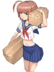 Rule 34 | 1girl, ahoge, blush, box, brown eyes, brown hair, cardboard box, carrying, carrying over shoulder, carrying under arm, crop top, flat chest, fumio (rsqkr), midriff, pleated skirt, school uniform, serafuku, short hair, simple background, skirt, solo
