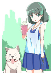 Rule 34 | 1girl, bare arms, breasts, brown hair, casual, commentary request, dog, drink, green eyes, jewelry, leash, looking at viewer, mononoke hime, necklace, open mouth, san (mononoke hime), short hair, skirt, studio ghibli, t shatsu