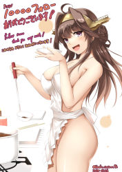 Rule 34 | 1girl, apron, ass, blush, breasts, brown hair, cooking, double bun, food, hair ornament, hairband, headgear, highres, kantai collection, kongou (kancolle), kuromayu, large breasts, long hair, looking at viewer, naked apron, open mouth, pot, sideboob, smile, solo
