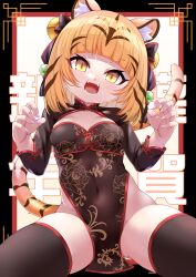 1girl absurdres animal_ears bell black_thighhighs blush bow breasts china_dress chinese_clothes chinese_zodiac claw_pose commentary_request covered_navel dress fangs fingernails hair_bell hair_bow hair_ornament happy_new_year highres long_fingernails new_year open_mouth orange_hair original short_hair slit_pupils small_breasts smile solo tail thighhighs tiger_ears tiger_girl tiger_tail wenu_(kirikirimai) year_of_the_tiger yellow_eyes