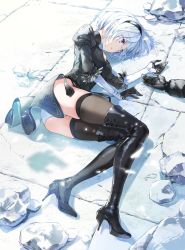Rule 34 | 1boy, 1girl, ass, black dress, black gloves, black thighhighs, blue eyes, boots, breasts, center opening, day, dress, gloves, hairband, high heel boots, high heels, juliet sleeves, long sleeves, lying, medium breasts, nier:automata, nier (series), on side, out of frame, outdoors, panties, parted lips, puffy long sleeves, puffy sleeves, rock, rubble, ruins, shadow, short dress, short hair, solo focus, sunlight, thigh boots, thighhighs, thighs, tiv, underwear, white hair, white panties, 2b (nier:automata), 9s (nier:automata)