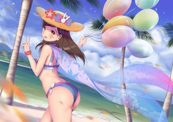 Rule 34 | 1girl, alternate costume, ass, balloon, bikini, blurry, breasts, brown eyes, brown hair, d.va (overwatch), depth of field, dutch angle, facial mark, hat, long hair, looking back, ocean, overwatch, overwatch 1, palm tree, shore, small breasts, solo, straw hat, summer, swimsuit, tree, v, whisker markings, wind, xiaosan ye
