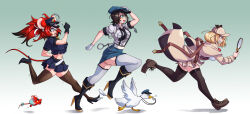 Rule 34 | 2others, 3girls, alternate costume, animal ears, bird, black footwear, black hair, black thighhighs, blonde hair, blowing whistle, blue eyes, blue skirt, bob cut, boots, bow, breasts, brown capelet, brown coat, brown footwear, brown skirt, capelet, coat, collared shirt, commentary, crop top, cuffs, deerstalker, detective, duck, english commentary, grey thighhighs, grin, hakos baelz, handcuffs, hat, high-waist skirt, high heel boots, high heels, highres, hololive, hololive english, large breasts, loafers, long hair, long sleeves, magnifying glass, miniskirt, mouse (animal), mouse ears, mouse girl, mouse tail, mr. squeaks (hakos baelz), multicolored hair, multiple girls, multiple others, navel, oozora subaru, plaid, plaid skirt, pleated skirt, police, police hat, police uniform, policewoman, red hair, running, shirt, shoes, short hair, short sleeves, skirt, smile, streaked hair, subaru duck, sunglasses, tail, tail bow, tail ornament, thighhighs, toastiepumpkin, twintails, uniform, virtual youtuber, watson amelia, whistle, whistle around neck, white hair