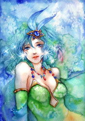 Rule 34 | 1990s (style), 1girl, bad id, bad pixiv id, bare shoulders, blue eyes, breasts, cape, cleavage, detached sleeves, final fantasy, final fantasy iv, green hair, hair ornament, jewelry, juri (artist), jurithedreamer, lips, necklace, aged up, painting (medium), retro artstyle, rydia (ff4), solo, sparkle, star (symbol), traditional media, watercolor (medium)