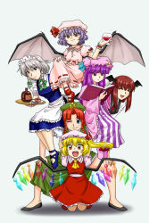 Rule 34 | 6+girls, :d, ^ ^, apron, arms up, bat wings, beret, blonde hair, blue dress, blue eyes, blue hair, blunt bangs, book, bottle, bow, braid, cake, capelet, china dress, chinese clothes, closed eyes, crescent, dress, dress shirt, embodiment of scarlet devil, female focus, flandre scarlet, food, frills, glass, hair bow, hair ribbon, hands on own knees, happy, hat, hat bow, hat ribbon, head wings, holding, holding book, hong meiling, human tower, izayoi sakuya, koakuma, long hair, long sleeves, maid, maid apron, maid headdress, multiple girls, necktie, one eye closed, open book, open mouth, patchouli knowledge, purple dress, purple hair, reading, red eyes, red hair, remilia scarlet, ribbon, saucer, shirt, shoes, short hair, short sleeves, side slit, silver hair, simple background, sitting, sitting on person, skirt, skirt set, smile, stacking, star (symbol), striped clothes, striped dress, supon, touhou, tray, twin braids, vertical stripes, vest, waist apron, white shirt, wide sleeves, wings, wink, wrist cuffs