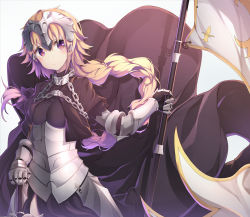 Rule 34 | 1girl, absurdres, armor, armored dress, black dress, blonde hair, blush, braid, breasts, chain, commentary request, cowboy shot, dress, fate/apocrypha, fate (series), flag, gauntlets, hair ornament, hand on weapon, headpiece, highres, holding, jeanne d&#039;arc (fate), jeanne d&#039;arc (ruler) (fate), large breasts, long hair, looking at viewer, purple eyes, rirua (kjom802), short hair, solo, standard bearer, sword, weapon