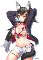 Rule 34 | 1girl, absurdres, animal ear fluff, animal ears, arms behind head, artist name, bikini, bikini under clothes, black hair, breasts, collar, collarbone, food, hair ornament, highres, hololive, jacket, large breasts, leg belt, long sleeves, looking at viewer, mouth hold, navel, ookami mio, ookami mio (hololive summer 2019), open clothes, open jacket, ponytail, popsicle, short hair, shorts, simple background, solo, swimsuit, tail, tail wrap, virtual youtuber, white background, white shorts, wolf ears, wolf girl, wolf tail, yellow eyes, youl