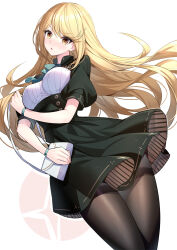 Rule 34 | 1girl, bag, black dress, black pantyhose, blonde hair, blush, breasts, chestnut mouth, dress, floating hair, green dress, highres, large breasts, long hair, looking at viewer, mythra (xenoblade), neck ribbon, open mouth, pantyhose, parted lips, puffy short sleeves, puffy sleeves, ribbon, ririko (zhuoyandesailaer), short sleeves, shoulder bag, sidelocks, simple background, solo, swept bangs, thighband pantyhose, thighs, white background, white bag, xenoblade chronicles (series), xenoblade chronicles 2, yellow eyes