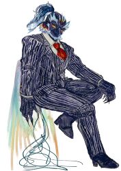 Rule 34 | 1boy, animal hands, bara, beak, beard, bird boy, blue hair, colored sclera, commentary request, dark blue hair, dress shirt, facial hair, formal, full body, furry, furry male, hand on own knee, haretoke, high ponytail, highres, invisible chair, jacket, long hair, looking at viewer, male focus, multicolored hair, necktie, pants, partial commentary, rainbow hair, red eyes, red necktie, shirt, simple background, simurgh (housamo), sitting, solo, striped clothes, striped jacket, striped pants, striped suit, suit, tail, thick eyebrows, tokyo houkago summoners, vertical-striped clothes, vertical-striped jacket, vertical-striped pants, white background, wings, yellow sclera