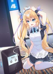 Rule 34 | 1girl, apron, arm up, black dress, blonde hair, blue bow, blue eyes, blue ribbon, bow, breasts, commentary request, dress, fang, frilled apron, frills, garter straps, hair between eyes, hair ribbon, hand on own head, highres, indoors, maid, maid apron, maid headdress, mo (pixiv9929995), no shoes, on floor, open mouth, original, puffy short sleeves, puffy sleeves, ribbon, short sleeves, sitting, small breasts, solo, thighhighs, twintails, wariza, white apron, white thighhighs