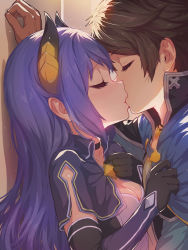 Rule 34 | 1boy, 1girl, bad id, bad pixiv id, black choker, black gloves, blue hair, breasts, brown hair, choker, cleavage, commentary request, elbow gloves, closed eyes, from side, gloves, hetero, high collar, highres, horns, kiss, long hair, medium breasts, princess connect!, rei (princess connect!), short hair, upper body, yako noir (kei-ne)