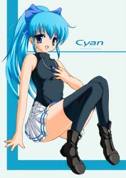 Rule 34 | 1girl, 2000s (style), archived source, arm at side, ashita yaru, bare arms, bare shoulders, black footwear, black shirt, black thighhighs, blue bow, blue eyes, blue hair, borrowed character, bow, character name, commentary request, double horizontal stripe, full body, hair between eyes, hair bow, hand on own chest, jewelry, light blue hair, long hair, miniskirt, necklace, original, pleated skirt, ponytail, shirt, sidelocks, sitting, skirt, sleeveless, sleeveless shirt, solo, thighhighs, white skirt