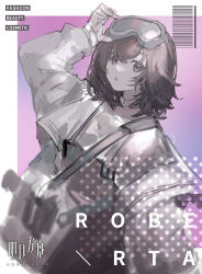 Rule 34 | 1girl, :o, adjusting goggles, arknights, bag, brown eyes, brown hair, brown overalls, character name, copyright name, cowboy shot, hand on goggles, hand up, highres, jacket, long sleeves, looking at viewer, neumo, overalls, pink background, roberta (arknights), shirt, short hair, shoulder bag, simple background, sketch, solo, white jacket, white shirt