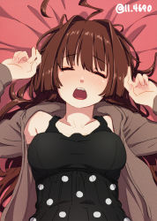 Rule 34 | 1girl, 4690 (tkpbsk), ahoge, bed, black dress, breasts, brown eyes, commentary request, dress, facing viewer, huge ahoge, jacket, kantai collection, kuma (kancolle), long hair, lying, medium breasts, official alternate costume, open mouth, polka dot, polka dot dress, red jacket, solo, teeth, twitter username, upper body, upper teeth only