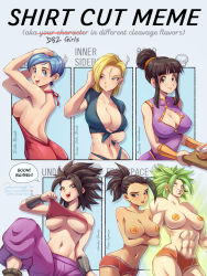 Rule 34 | 5girls, abs, android 18, arms under breasts, aura, bare shoulders, black eyes, black hair, blonde hair, blue eyes, blue hair, blunt bangs, breasts, bulma, caulifla, chi-chi (dragon ball), cleavage, cleavage cutout, clenched teeth, clothing cutout, dragon ball, dragon ball super, dragonball z, energy, english text, female focus, glowing, green hair, hand on own head, highres, holding, jammeryx, kale (dragon ball), large breasts, legendary super saiyan, lifted by self, matching hair/eyes, meme, multiple drawing challenge, multiple girls, muscular, muscular female, navel, no bra, no pupils, open mouth, pants, pasties, ponytail, purple pants, revealing clothes, shirt cut meme, short hair, sideboob, sidelocks, smile, speech bubble, spiked hair, standing, super saiyan, teeth, text background, topless, twitter logo, underboob