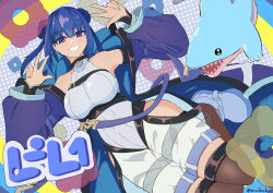 Rule 34 | absurdres, blue hair, breasts, chest belt, double bun, double v, duel monster, evil twin lil-la, hair bun, highres, jacket, large breasts, lil-la (yu-gi-oh!), looking at viewer, meda otoko, official alternate costume, purple eyes, shark, short hair, smile, thighhighs, v, yu-gi-oh!