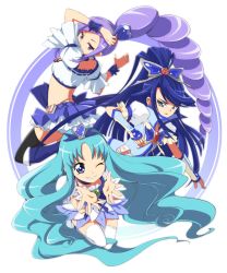 Rule 34 | 00s, 10s, 3girls, aono miki, black legwear, blue eyes, blue hair, blue skirt, boots, brooch, bug, butterfly, butterfly hair ornament, choker, color connection, cure aqua, cure berry, cure marine, dress, flower, fresh precure!, frills, hair ornament, hairband, hairpin, heart, heart brooch, heart hair ornament, heartcatch precure!, insect, jewelry, kurumi erika, long hair, magical girl, maro nie, midriff, minazuki karen, multiple girls, one eye closed, pink flower, pink rose, ponytail, precure, purple eyes, purple hair, rose, simple background, skirt, smile, thighhighs, white legwear, wide ponytail, wink, wrist cuffs, yes! precure 5