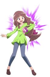 Rule 34 | absurdres, aura, blue pants, brown footwear, brown hair, commission, darkness, digimon, digimon ghost game, dress, flashing, glowing, green dress, green skirt, highres, mainkore, mankor, pants, pink eyes, skirt, third-party edit, tsukiyono ruli, vital bracelet