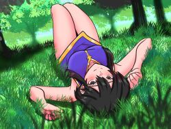 1girl arms_up bare_arms bare_legs bare_shoulders black_hair blush breasts commission commissioner_upload fire_emblem fire_emblem:_genealogy_of_the_holy_war forest grass hair_between_eyes knees_up larcei_(fire_emblem) legs looking_at_viewer lying medium_breasts mnejing30 nature nintendo on_back short_hair sidelocks sleeveless smile solo tree tunic