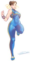 Rule 34 | 1990s (style), 1girl, alternate costume, bad id, bad tumblr id, bodysuit, bracelet, breasts, brown hair, capcom, chinese clothes, chun-li, cropped jacket, curvy, double bun, hair bun, highres, hip focus, jewelry, large breasts, retro artstyle, robaato, shoes, short hair, skin tight, sneakers, solo, spiked bracelet, spikes, street fighter, street fighter zero (series), thick thighs, thighs, wide hips