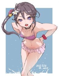 Rule 34 | 1girl, akebono (kancolle), akebono kai ni (kancolle), bell, bikini, black choker, breasts, chestnut mouth, choker, collarbone, dated, feet out of frame, grey eyes, grey hair, hair bell, hair ornament, hands on own hips, highres, jingle bell, kantai collection, leaning forward, looking at viewer, n-mori, official alternate costume, pink bikini, red scrunchie, scrunchie, small breasts, solo, standing, swimsuit, twitter username, upper body, wrist scrunchie