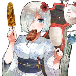 Rule 34 | 10s, 1girl, blue eyes, corn, corn cob, cotton candy, eating, flower, food, food in mouth, fox mask, hair flower, hair ornament, hair over one eye, hairclip, hamakaze (kancolle), holding, holding food, ikayaki, itomugi-kun, japanese clothes, kantai collection, kimono, long sleeves, looking at viewer, machinery, mask, unworn mask, mouth hold, obi, sash, short hair, silver hair, simple background, solo, squid, white background, wide sleeves, yukata