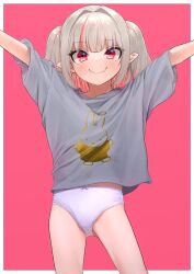 Rule 34 | 1girl, blonde hair, blush, fang, highres, long hair, looking at viewer, makaino ririmu, nijisanji, no pants, panties, pink background, pointy ears, red eyes, sabamen, simple background, skin fang, smile, solo, underwear, virtual youtuber