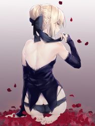 Rule 34 | 1girl, absurdres, artoria pendragon (all), artoria pendragon (fate), ass, bare shoulders, barefoot, black panties, blonde hair, bow, butt crack, detached sleeves, fate/grand order, fate (series), feet, from behind, gradient background, hair bow, hair bun, hand up, highres, looking back, multi-strapped panties, panties, parted lips, petals, profile, saber alter, seiza, short hair, single hair bun, sitting, sleeves past wrists, soles, solo, toes, underwear, uno ryoku, yellow eyes
