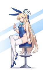 Rule 34 | 1girl, absurdres, animal ears, arm support, bare shoulders, blonde hair, blue archive, blue background, blue bow, blue bowtie, blue eyes, blue footwear, blue hair, blue hairband, blue leotard, blue theme, blush, bow, bowtie, braid, breasts, closed mouth, commentary request, covered navel, crossed legs, detached collar, earpiece, elomil, expressionless, eyelashes, fake animal ears, fake tail, full body, hair between eyes, hair bow, hair intakes, hairband, halo, hand up, headset, high heels, highleg, highleg leotard, highres, korean commentary, leotard, long hair, looking at viewer, microphone, mixed-language commentary, multicolored hair, official alternate costume, on stool, playboy bunny, rabbit ears, rabbit girl, rabbit tail, revision, shoes, sidelocks, simple background, sitting, small breasts, solo, stool, strapless, strapless leotard, streaked hair, tail, thighhighs, thighs, toki (blue archive), toki (bunny) (blue archive), very long hair, w, white background, white thighhighs, wing collar, wrist cuffs