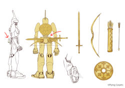 Rule 34 | armor, arrow (symbol), bow (weapon), character sheet, clenched hand, english text, from behind, helmet, humanoid robot, monaka (siromona), no humans, non-humanoid robot, robot, rocket boots, rocket shoes, shield, simple background, solo, sword, the girl and the robot, the robot (gnr), weapon, white background