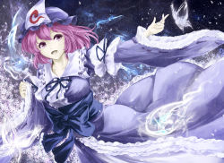 Rule 34 | 1girl, arm garter, bow, breasts, bug, butterfly, dress, frilled dress, frilled sleeves, frills, ghost, hat, bug, japanese clothes, kimono, kz nagomiya, looking at viewer, mob cap, obi, open mouth, outstretched arm, petals, purple eyes, purple hair, ribbon-trimmed sleeves, ribbon trim, saigyouji yuyuko, sash, smoke, solo, touhou, triangular headpiece, wide sleeves