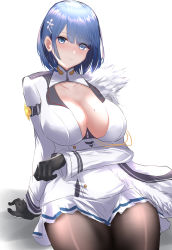 Rule 34 | 1girl, absurdres, arm support, azur lane, blue eyes, blue hair, blush, breast cutout, breasts, chapayev (azur lane), fur trim, gloves, hair ornament, highres, jacket, large breasts, long sleeves, looking at viewer, military, military jacket, military uniform, miniskirt, mole, mole on breast, pantyhose, short hair, simple background, skirt, solo, tsubapi (pupi57), uniform, white background