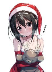 Rule 34 | 1girl, absurdres, bare shoulders, black eyes, black hair, blush, breath, christmas, closed mouth, dress, elbow gloves, fur-trimmed dress, fur trim, gloves, hat, head tilt, highres, holding, holding stuffed toy, looking at viewer, makicha (sasurainopink), merry christmas, original, red dress, red gloves, red hat, santa hat, short hair, simple background, smile, solo, strapless, strapless dress, stuffed animal, stuffed toy, teddy bear, upper body, white background