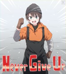 Rule 34 | 1girl, beanie, black hat, black overalls, blue eyes, brown gloves, brown hair, clenched hands, cowboy shot, english text, fumato, gloves, grey background, hand up, hat, highres, hololive, layered sleeves, long hair, long sleeves, looking at viewer, matsuoka shuuzou, meme, oozora subaru, open mouth, orange shirt, overalls, parody, photo-referenced, real life, romaji commentary, shirt, short hair, short over long sleeves, short sleeves, solo, very long hair, virtual youtuber