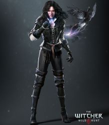 Rule 34 | 1girl, absurdres, animal, bird, black hair, crow, gloves, highres, long hair, looking at viewer, official art, purple eyes, standing, the witcher (series), yennefer of vengerberg