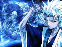 Rule 34 | 00s, 1boy, arm up, bleach, blue eyes, dragon, hitsugaya toushirou, holding, holding weapon, hyourinmaru, ice, japanese clothes, looking at viewer, lowres, male focus, solo, spiked hair, sword, upper body, weapon, white hair