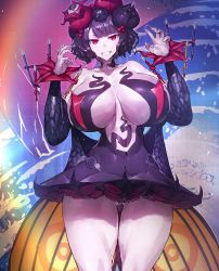Rule 34 | 1girl, alternate breast size, breasts, colored skin, covered navel, cowboy shot, fate/grand order, fate (series), grin, huge breasts, katsushika hokusai (fate), katsushika hokusai (third ascension) (fate), melon22, paintbrush, purple hair, purple skin, red eyes, smile, suction cups, tentacles, thighs, wavy hair