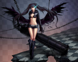Rule 34 | 10s, 1girl, belt, bikini, bikini top only, black bikini, black coat, black footwear, black gloves, black hair, black rock shooter, black rock shooter (character), blue eyes, boots, breasts, broken floor, cannon, chain, checkered floor, choker, coat, crack, cracked floor, floor, gloves, glowing, glowing eye, highres, hood, hood down, huge weapon, knee boots, lips, long hair, navel, nose, realistic, scar, short shorts, shorts, small breasts, solo, swimsuit, twintails, unodu, weapon