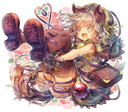 Rule 34 | 1girl, animal ears, animal hands, bag, bloomers, brown thighhighs, fang, full body, gloves, green headwear, green hood, green skirt, heart, heart of string, hood, kemonomimi mode, komeiji koishi, legs up, looking at viewer, medium hair, miniskirt, open mouth, paw gloves, purple footwear, sekisei (superego51), shoe soles, shoulder bag, silver hair, simple background, skin fang, skirt, smile, solo, tail, thighhighs, thighs, touhou, underwear, white background, wolf ears, wolf tail, yellow eyes, zettai ryouiki