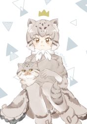 Rule 34 | 0nanaten, 1girl, absurdres, animal ears, animal print, blush, bow, bowtie, cat, cat ears, cat girl, cat print, cat tail, commentary request, frilled skirt, frills, grey hair, grey pantyhose, grey skirt, grey sweater, highres, kemono friends, multicolored hair, pallas&#039;s cat, pallas&#039;s cat (kemono friends), pantyhose, print skirt, print sweater, short hair, sitting, skirt, solo, sweater, tail, white bow, white bowtie, white hair, yellow eyes