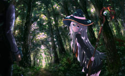 Rule 34 | 1boy, 1girl, black headwear, black jacket, black pants, black skirt, black vest, blue eyes, blush, bush, c4 art, canopy (forest), closed mouth, cowboy shot, crossed bangs, day, forest, hair between eyes, hat, highres, holding, holding staff, jacket, long hair, long sleeves, nature, original, outdoors, pants, plant, scenery, shirt, skirt, smile, solo focus, staff, tree, vest, white hair, white shirt, witch hat