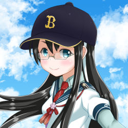 Rule 34 | 1girl, baseball cap, black hair, black hat, blue eyes, blue sky, breasts, cloud, comicand com, day, glasses, hat, kantai collection, long hair, long sleeves, looking at viewer, nippon professional baseball, ooyodo (kancolle), orix buffaloes, outdoors, red neckwear, red ribbon, ribbon, sky, small breasts, solo, upper body