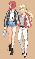 Rule 34 | 2girls, alternate costume, ark royal (kancolle), black footwear, blonde hair, blue eyes, blue shorts, blunt bangs, bob cut, bottle, brown background, collarbone, commentary request, denim, denim shorts, unworn eyewear, full body, grey shirt, highres, holding, holding removed eyewear, jacket, kantai collection, long hair, looking at viewer, looking to the side, multicolored clothes, multicolored jacket, multiple girls, pants, red hair, shirt, short hair, shorts, sunglasses, two-tone jacket, walking, warspite (kancolle), white pants, white shirt, yamada rei (rou)