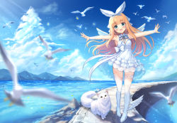 Rule 34 | 1girl, akabane (zebrasmise), armpits, arms up, bird, blonde hair, blue eyes, blush, bow, cat, cloud, dress, hair bow, long hair, mononobe alice, nijisanji, ocean, open mouth, outdoors, outstretched arms, ribbon, seagull, shoes, short dress, sky, sleeveless, sleeveless dress, smile, spread arms, sundress, thighhighs, virtual youtuber, white dress, white footwear, white thighhighs, wind, wind lift