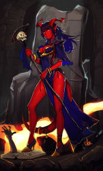 Rule 34 | 1girl, blue dress, blue hair, book, breasts, cleavage, colored skin, distr, dress, dungeons &amp; dragons, earrings, freckles, full body, high heels, highres, holding, holding staff, jewelry, large breasts, long hair, looking at viewer, open book, original, pelvic curtain, pointy ears, red skin, short sleeves, skull, smile, solo, staff, standing, tail, tail ornament, tail ring, tiefling, tiefling wizard (distr), wide sleeves, wizard, yellow eyes