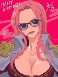 Rule 34 | 1girl, archived source, bad id, bad twitter id, cigarette, coat, collared coat, commentary request, epaulettes, forehead, formal, happy birthday, highres, hina (one piece), jacket, lipstick, long hair, looking at viewer, makeup, one piece, pink background, pink hair, potechi norisio, red jacket, simple background, smoke, solo, suit, sunglasses, white coat