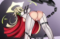 Rule 34 | 1girl, adapted costume, anus, anus peek, arm strap, ass, ass cutout, ball and chain restraint, bent over, blonde hair, breasts, breasts out, chain, chaps, clothing cutout, spiked halo, from behind, glowing, glowing eyes, glowing mouth, green eyes, guilty gear, guilty gear xrd, halo, jack-o&#039; valentine, long hair, looking at viewer, looking back, mask, medium breasts, multicolored hair, nipples, no panties, one eye closed, pants, pussy, red hair, reeceyd3, solo, straight hair, two-tone hair, uncensored, very long hair
