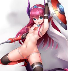 Rule 34 | 10s, 1girl, arm up, armor, armpits, bikini, bikini armor, black gloves, black thighhighs, blue eyes, blush, boruhis, breasts, cape, cowboy shot, diamond (shape), dragon tail, elbow gloves, elizabeth bathory (brave) (fate), elizabeth bathory (fate), elizabeth bathory (fate/grand order), eyebrows, fang, fate/extra, fate/extra ccc, fate/grand order, fate (series), gloves, grey background, groin, hair between eyes, holding, holding shield, holding weapon, horns, long hair, looking at viewer, loose bikini, navel, nipples, open mouth, orb, oversized clothes, pauldrons, pink hair, pointy ears, red armor, red bikini, red gloves, shield, shoulder armor, small breasts, solo, stomach, swimsuit, tail, thighhighs, tiara, underboob, vambraces, wardrobe malfunction, weapon, white cape