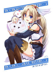 Rule 34 | 1girl, :d, absurdres, blonde hair, blue eyes, brown hair, dated, drill hair, elbow pads, elf, hair ornament, hairband, heart, highres, hug, long hair, looking at viewer, navel, niconico, open mouth, original, pleated skirt, pointy ears, skirt, smile, solo, taletale, text focus, thighhighs, very long hair, zettai ryouiki